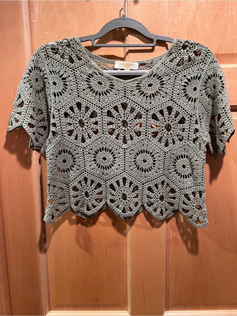 Rebellion Women’s Cropped Open Knit Crochet Festival Cottagecore Top Cotton M